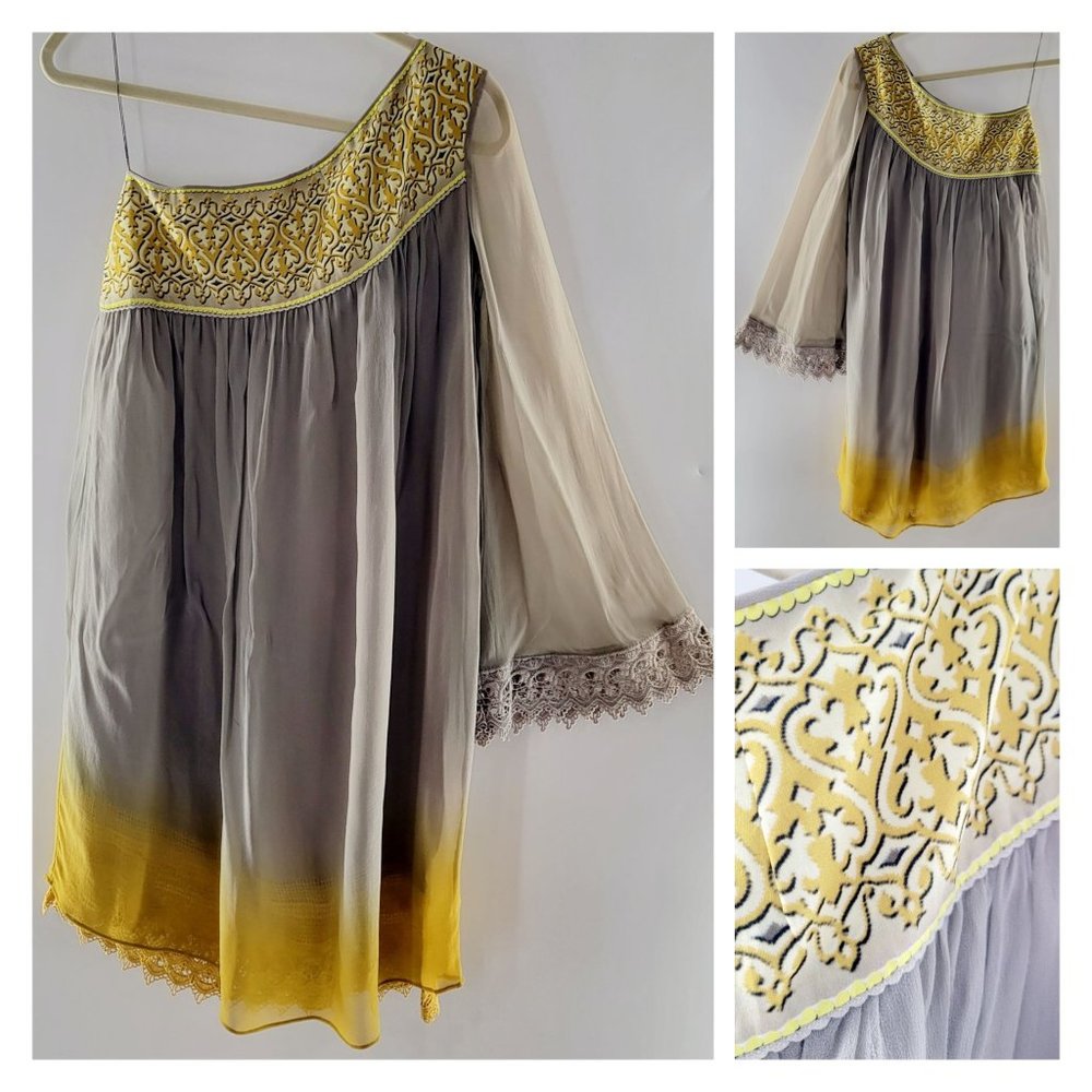 Anita Dongre One Shoulder Dress Flowy Semi Sheer Gray And Yellow Women's Size 10